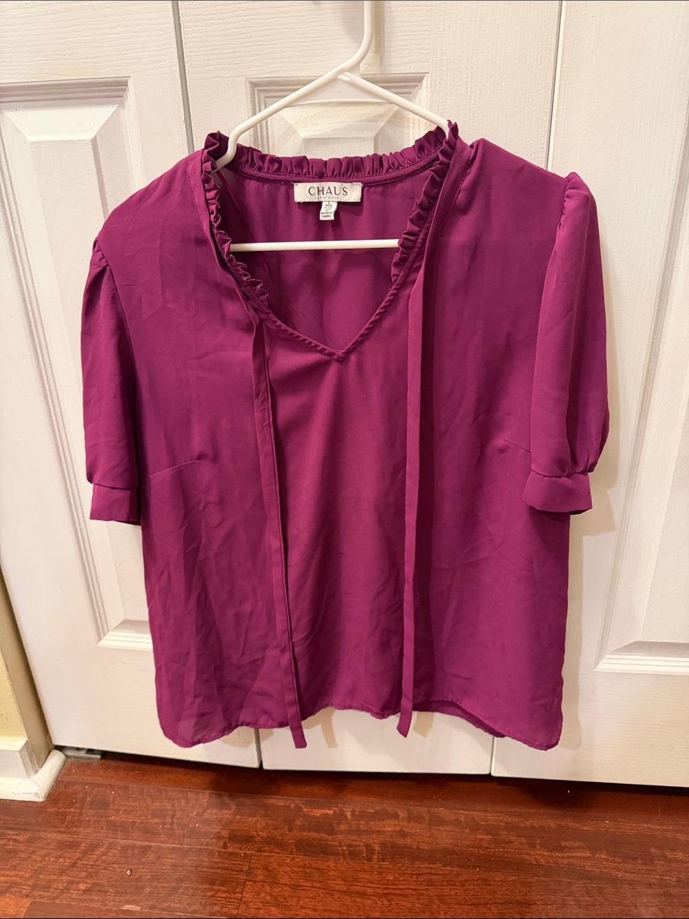 Chaus Purple Tie-Neck Ruffle Blouse
